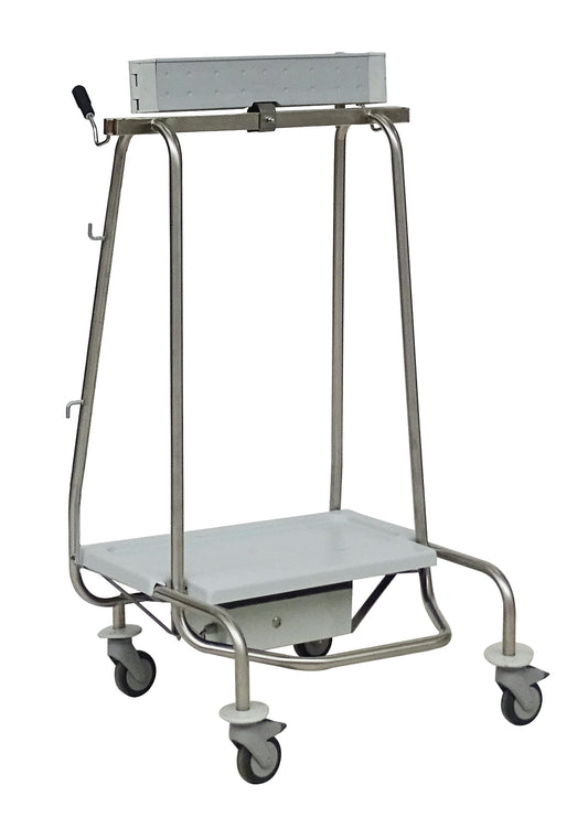 Ein stabiler Novocal Gerätewagen aus Metall mit vier Rollen, einer flachen unteren Ablage, einer oberen Stange und seitlichen Haken - ideal zur Kombination mit dem Novocal Abfallsammler "Genius Plus" Rahmen Edelstahl (Packung 1 Stück).