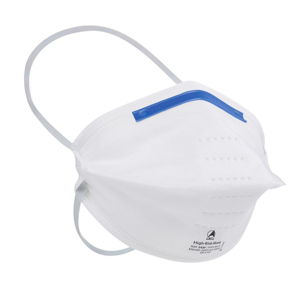The Altruan SAFE® High-Risk Mask Respirator FFP3 is a white particle respirator mask with an elastic headband and a blue adjustable nose clip. The design includes several small perforations in the nose area and simple labeling on one side. Available in a pack of 30 pieces.