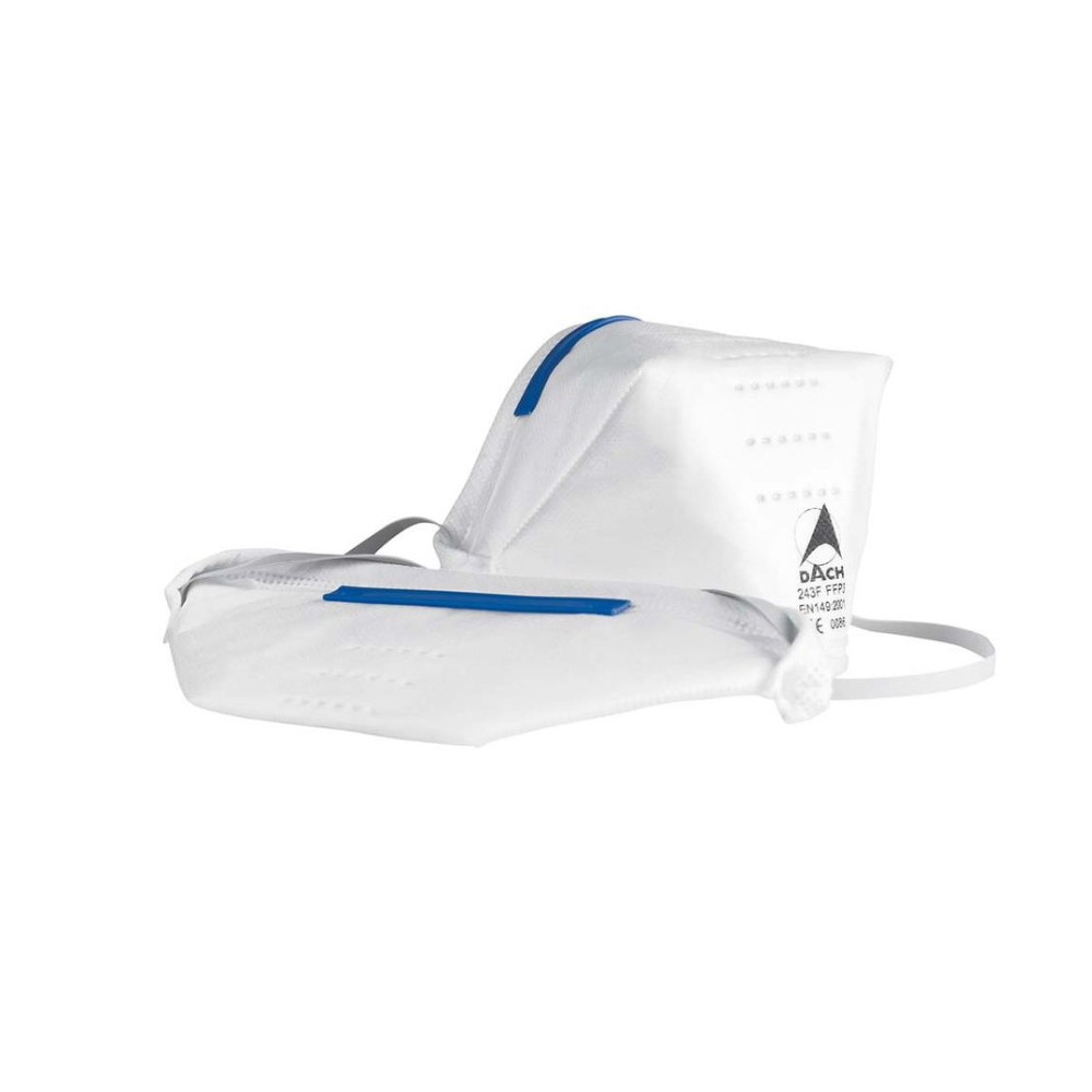 Description: The Altruan SAFE® High-Risk Mask Respirator FFP3, a white mask with blue accents, is specifically designed to cover the nose and mouth. With its distinctive angular shape and adjustable ear loops, this mask ensures comfort and safety. A small printed label with text and symbols on one side indicates compliance with high safety standards. Available in a pack of 30 pieces.