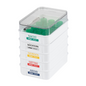 The SATZ melipul meal tray 12 with reusable cup, manufactured by Helmut Schwarz GmbH, consists of stacked plastic containers with German labels: "Night", "Fasting", "Morning", "Noon" and "Evening". These are ideal for medication administration in care facilities. Each container features transparent lids with green-sealed tubes and a visible marking in the top container.