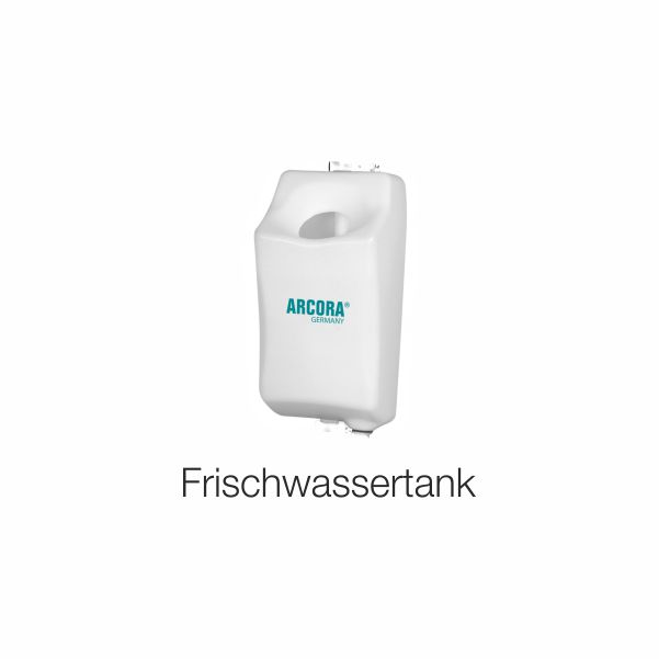 Die Arcora Sd17 Einscheibenmaschine der Arcora International GmbH verfügt über einen weißen, rechteckigen Frischwassertank mit abgerundeter Oberseite und Loch, beschriftet mit "ARCORA GERMANY" und "Frischwassertank", für die professionelle Bodenreinigung und -pflege.
