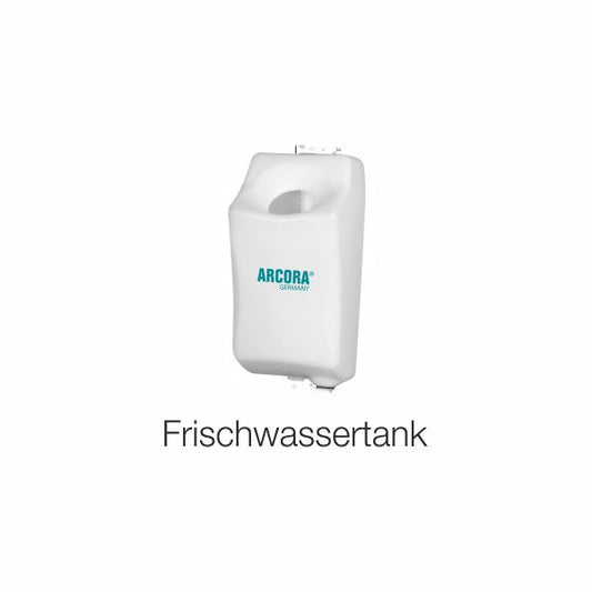 Die Arcora Sd17 Einscheibenmaschine der Arcora International GmbH verfügt über einen weißen, rechteckigen Frischwassertank mit abgerundeter Oberseite und Loch, beschriftet mit "ARCORA GERMANY" und "Frischwassertank", für die professionelle Bodenreinigung und -pflege.