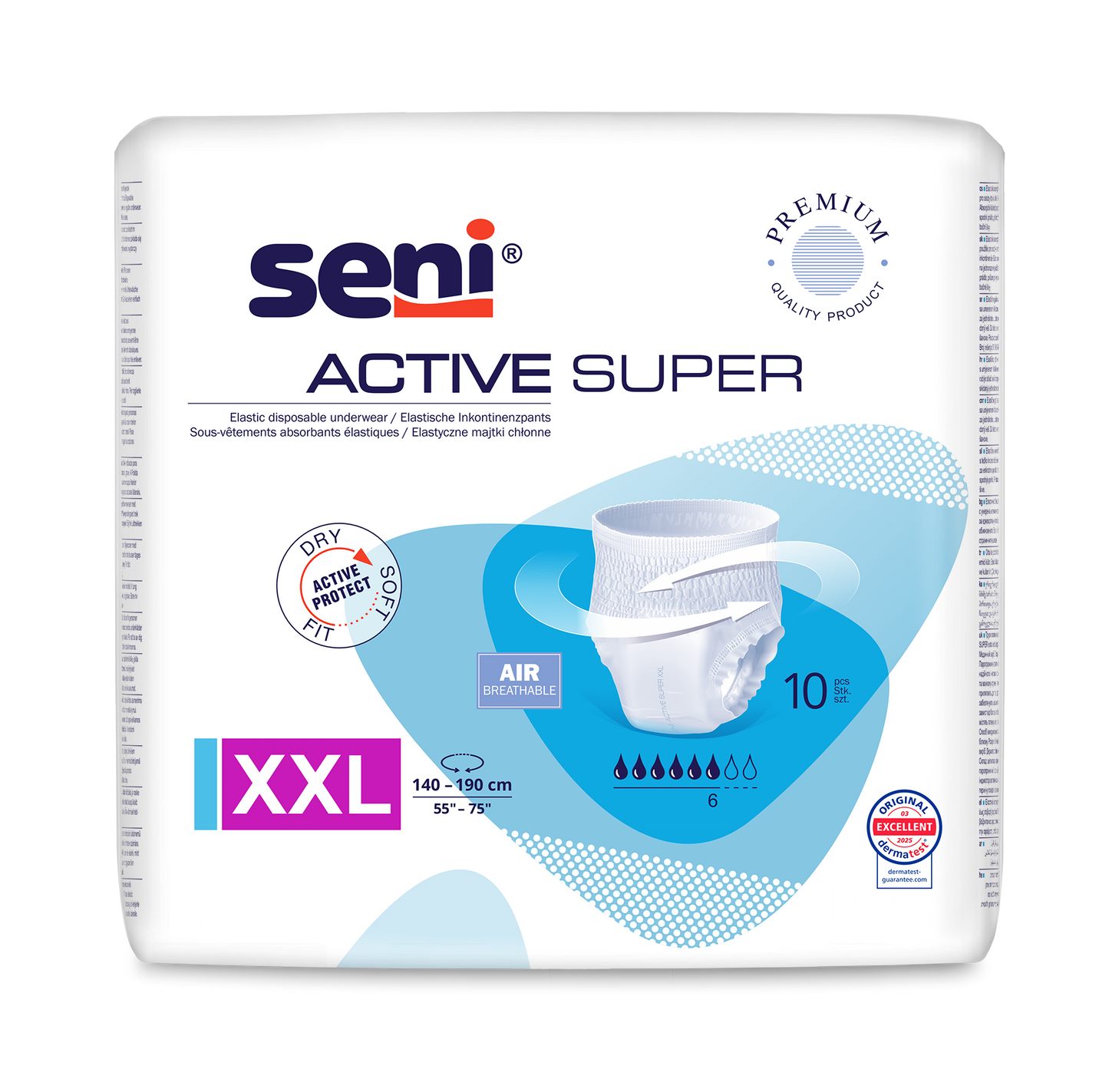 A 10-pack of Seni Active Super incontinence pants XXL (waist size 140-190 cm) from TZMO Deutschland GmbH for bladder weakness, with AIR breathable technology, dryness protection, and quality label on a white background.