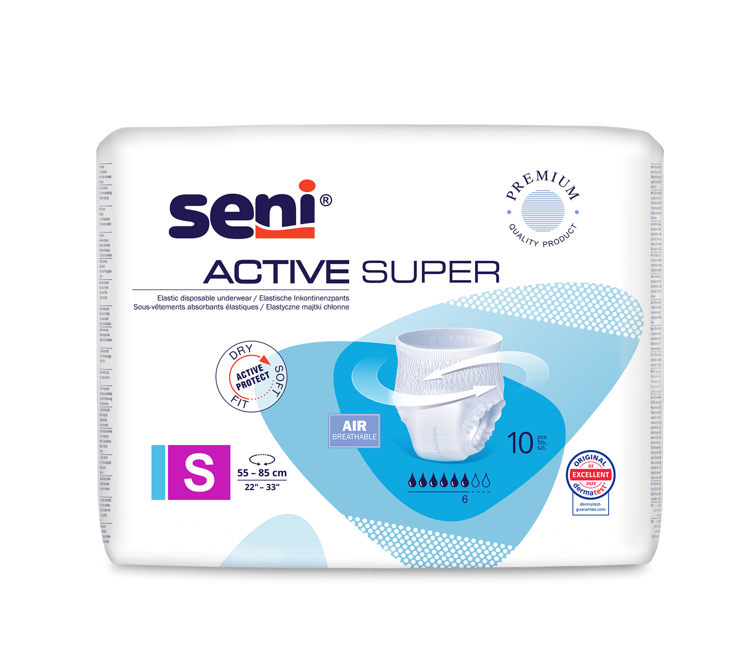 A 10-pack of Seni Active Super incontinence pants from TZMO Deutschland GmbH, size Small (55-85 cm), comes in mostly white packaging with blue accents and highlights the indicators for breathability and absorbency.