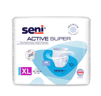 The Seni Active Super incontinence pants from TZMO Deutschland GmbH offers size XL (120-160 cm), 10 drops of absorbency, breathability, and effective protection for bladder weakness. It has a blue-white design with product images.