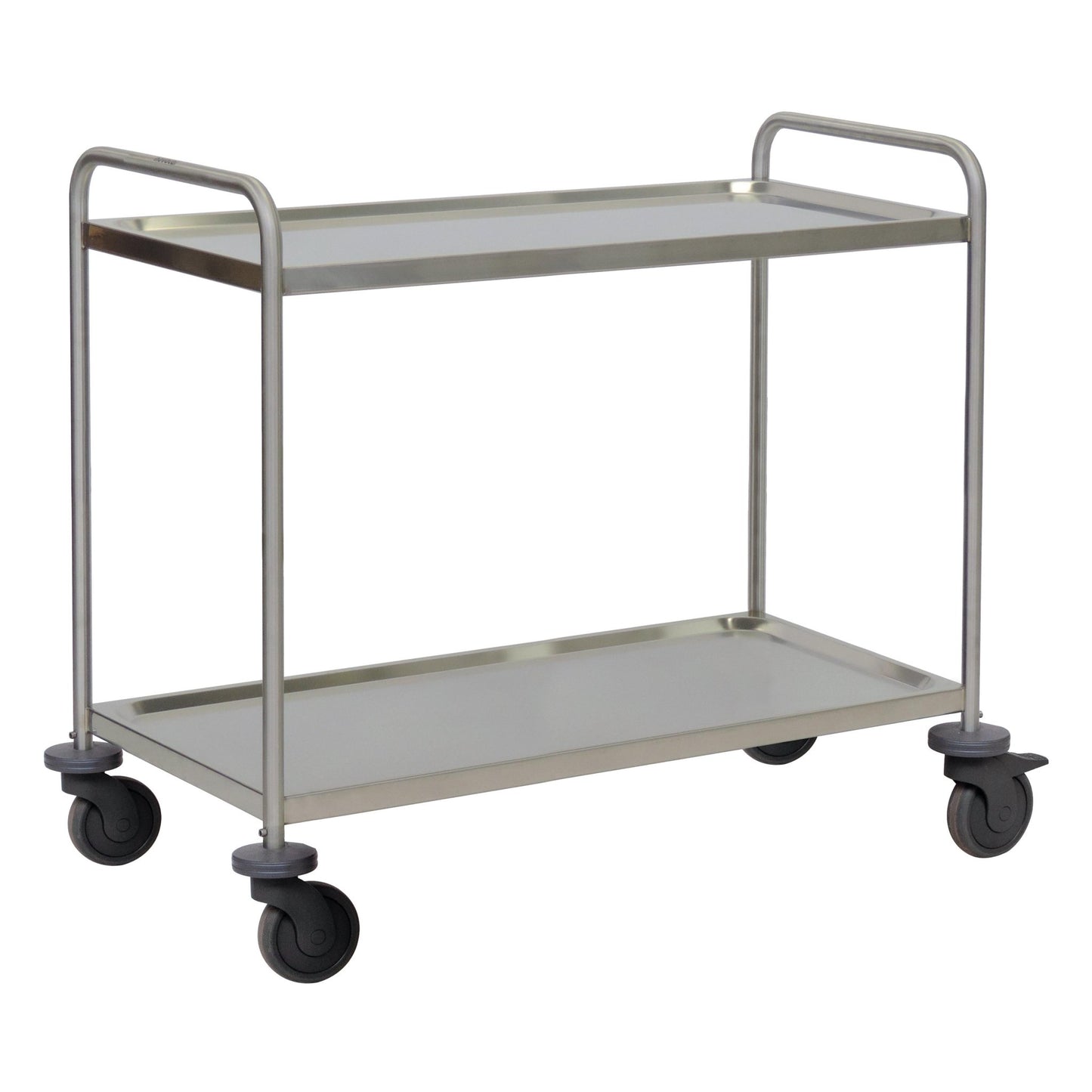 The Novocal multipurpose cart, a stainless steel cart with 2 shelves, 2 push handles, and 4 shock absorbers on wheels, is depicted on a plain white background.