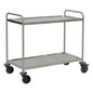 The Novocal multipurpose cart, a stainless steel cart with 2 shelves, 2 push handles, and 4 shock absorbers on wheels, is depicted on a plain white background.