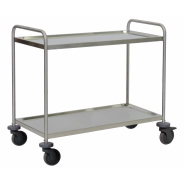 The Novocal stainless steel multi-purpose trolley with 2 shelves, 2 push handles, 4 bumpers, and 4 easy-running castors is ideal as a transport trolley for the catering industry. The package contains 1 piece.