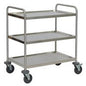 The Novocal multipurpose trolley made of stainless steel with 3 shelves, 2 push handles, 4 easy-roll wheels, and 4 bumpers is ideal for transport in the office, kitchen, or hospital. Package: 1 piece.