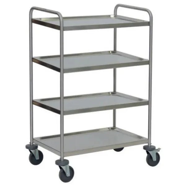 The Novocal multipurpose trolley made of stainless steel with 4 shelves, 2 push handles, and 4 easy-roll castors is ideal for transport in offices, kitchens, or hospitals and suitable as a serving trolley in gastronomy.