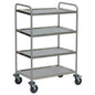 The Novocal multipurpose trolley made of stainless steel with 4 shelves, 2 push handles, and 4 easy-roll castors is ideal for transport in offices, kitchens, or hospitals and suitable as a serving trolley in gastronomy.