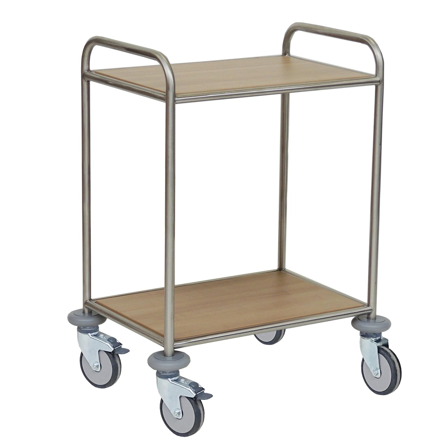 The Novocal multipurpose cart features a sturdy stainless steel frame, two melamine-coated shelves, and four swivel castors. There are handles at both ends for easy transport. Brand: Novocal. The package includes one cart.