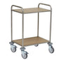 The Novocal multipurpose cart features a sturdy stainless steel frame, two melamine-coated shelves, and four swivel castors. There are handles at both ends for easy transport. Brand: Novocal. The package includes one cart.