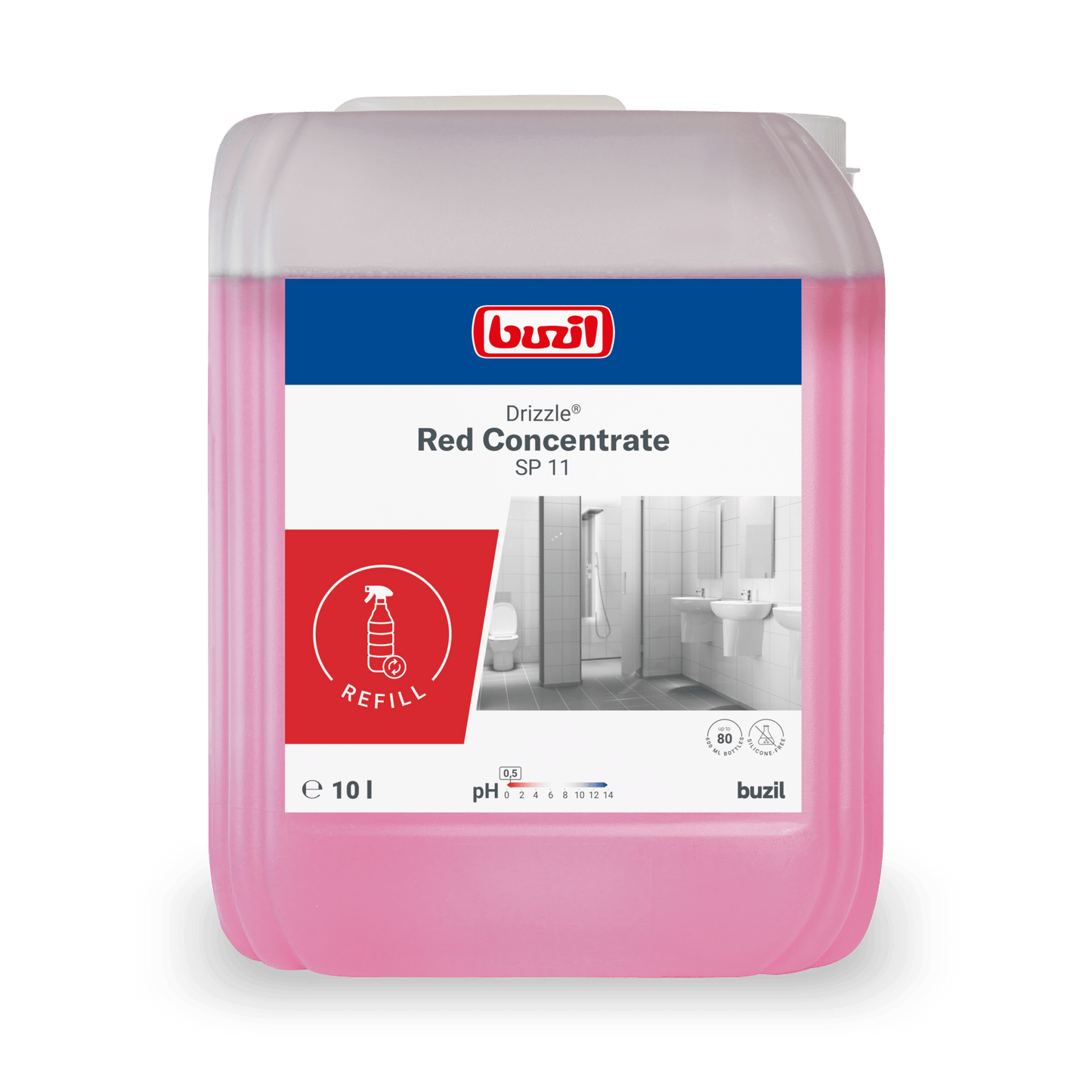 A 10-liter canister of Drizzle® Red Concentrate Sanitary Cleaner (red) from BUZIL-WERK Wagner GmbH & Co. KG, ideal for bathroom and sanitary cleaning, features a label with bathroom images and detailed application instructions.