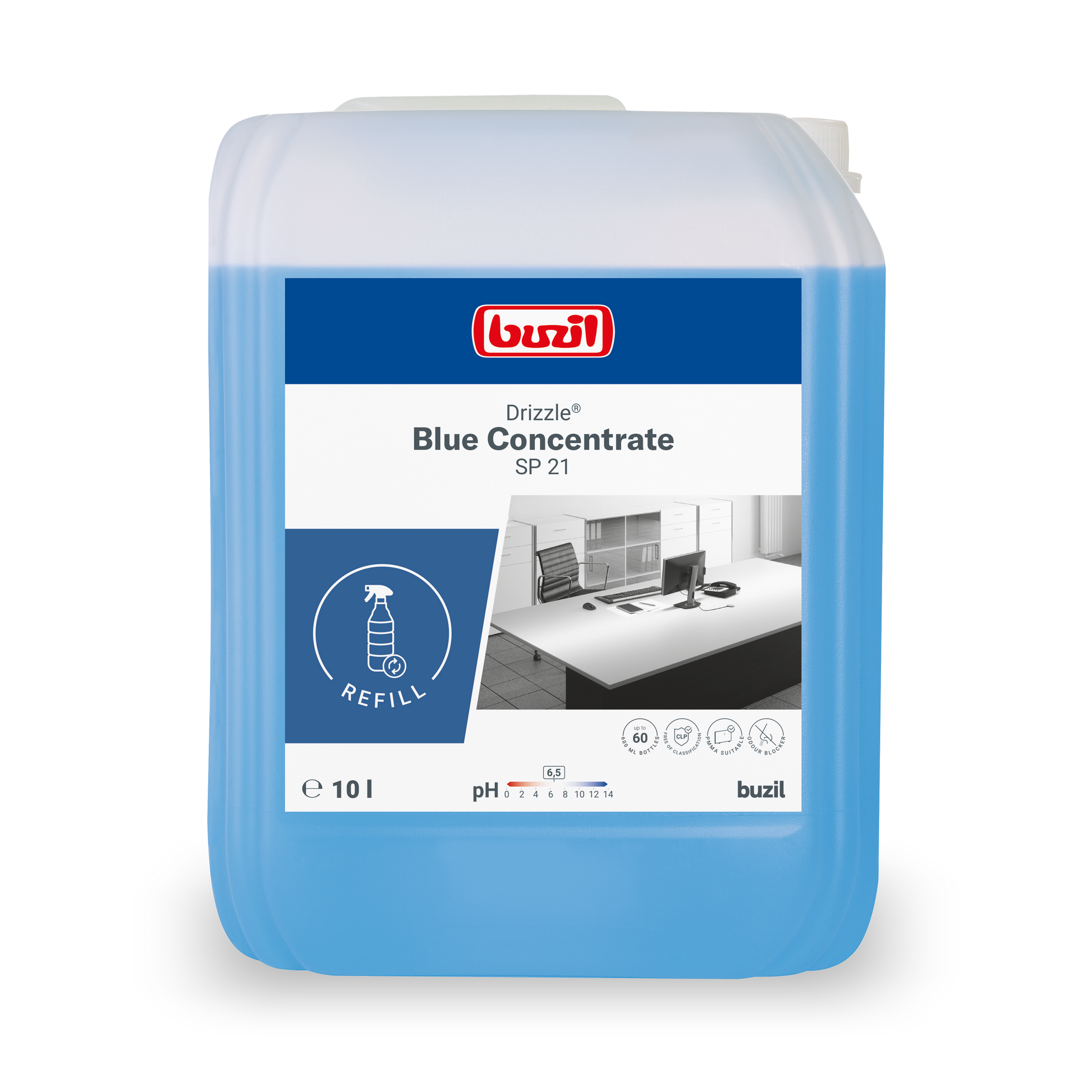Ein 10-Liter Drizzle® Blue Concentrate Universalreiniger blau Kanister von BUZIL-WERK Wagner GmbH & Co. KG, mit blauem Etikett, Nachfüllsymbol, pH 7-Symbol und Sicherheitshinweisen auf der Verpackung.