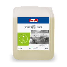 Ein 10-Liter-Kanister BUZIL-WERK Drizzle® Green Concentrate Öl- und Fettlöser farblos-hellgelb, mit einem Etikett mit Produktinformationen, einem Nachfüllsymbol und einem monochromen Großküchenbild.