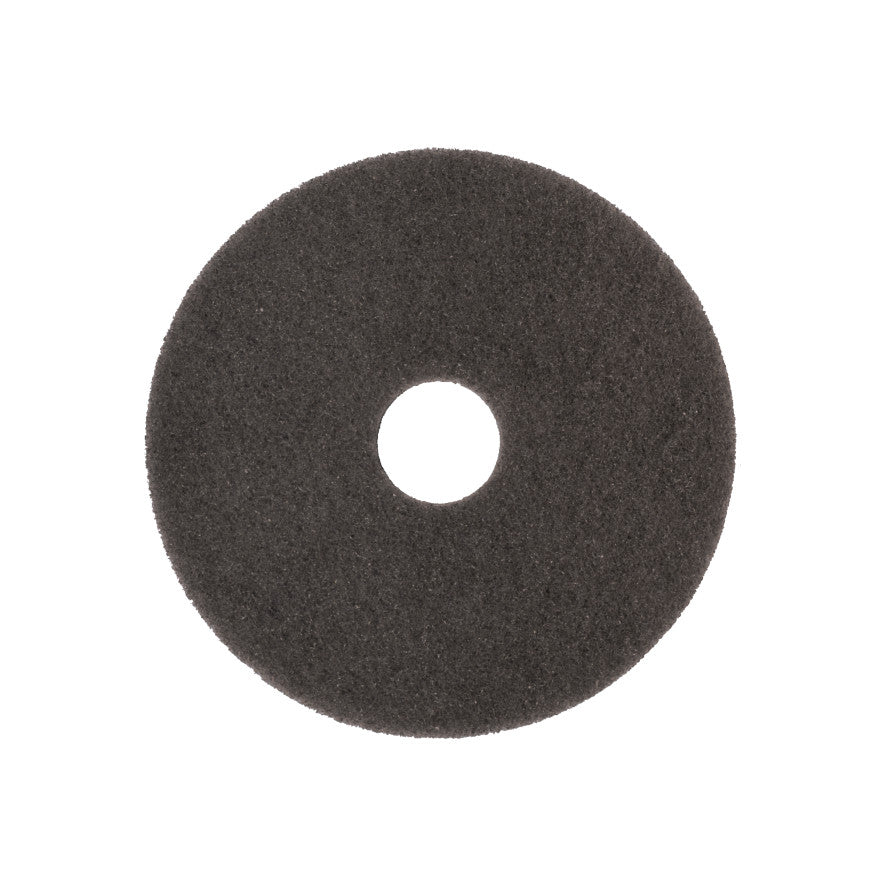 Das Arcora SUPERPAD DUNKELBRAUN von Arcora International GmbH ist ein runder, flacher, schwarzer Scheuerschwamm mit einem Loch in der Mitte und rauer Struktur, ideal zum Polieren dunkler Oberflächen mit der Poliermaschine. Abgebildet vor weißem Hintergrund.