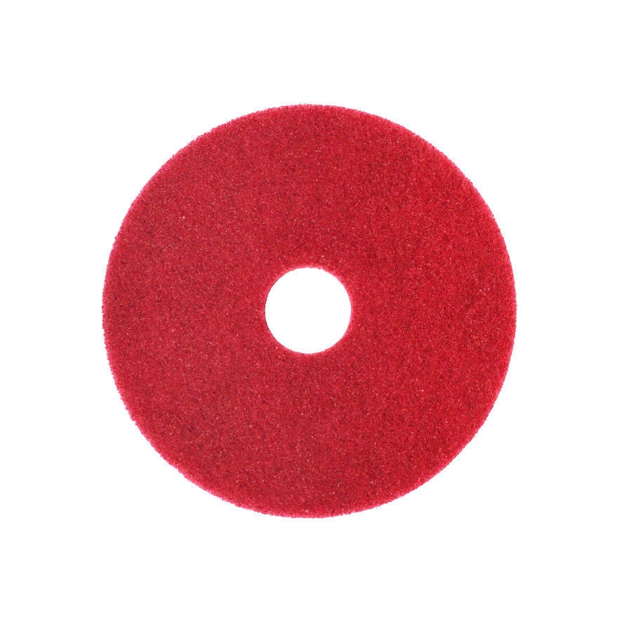 Ein rotes, kreisförmiges Arcora SUPERPAD ROT Reinigungspad der Arcora International GmbH mit einem Mittelloch zur effektiven Bodenreinigung, abgebildet auf weißem Hintergrund.