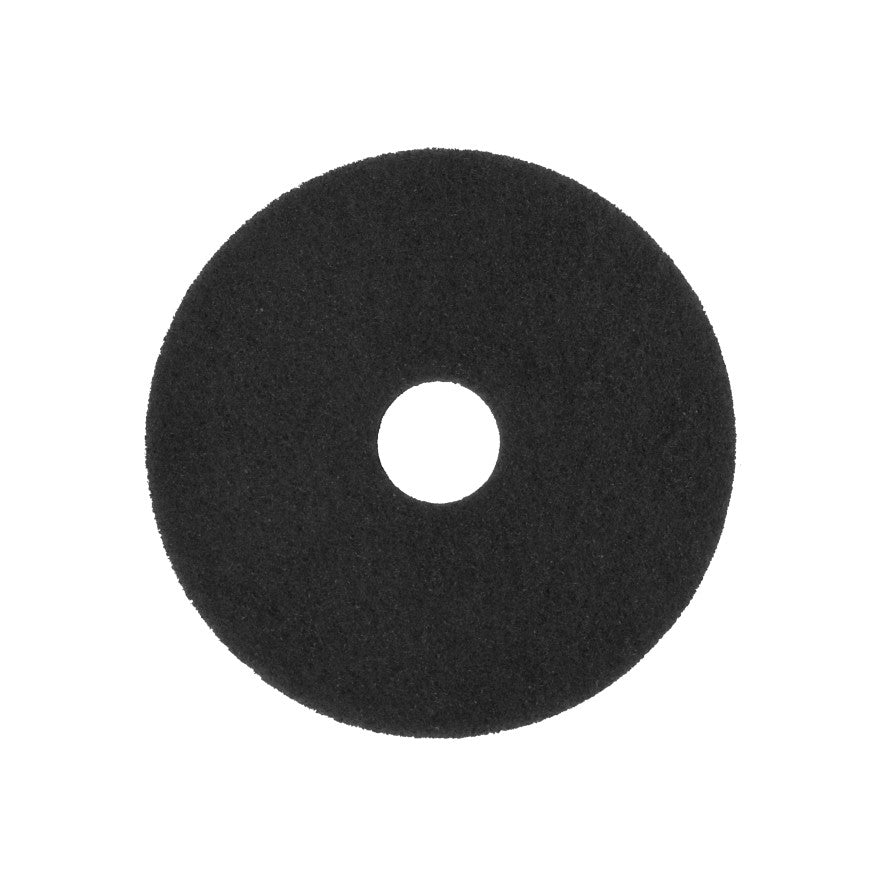 Das Arcora SUPERPAD SCHWARZ der Arcora International GmbH ist ein schwarzes, kreisrundes Reinigungspad mit Mittelloch für die effiziente Bodenreinigung, abgebildet auf weißem Hintergrund.