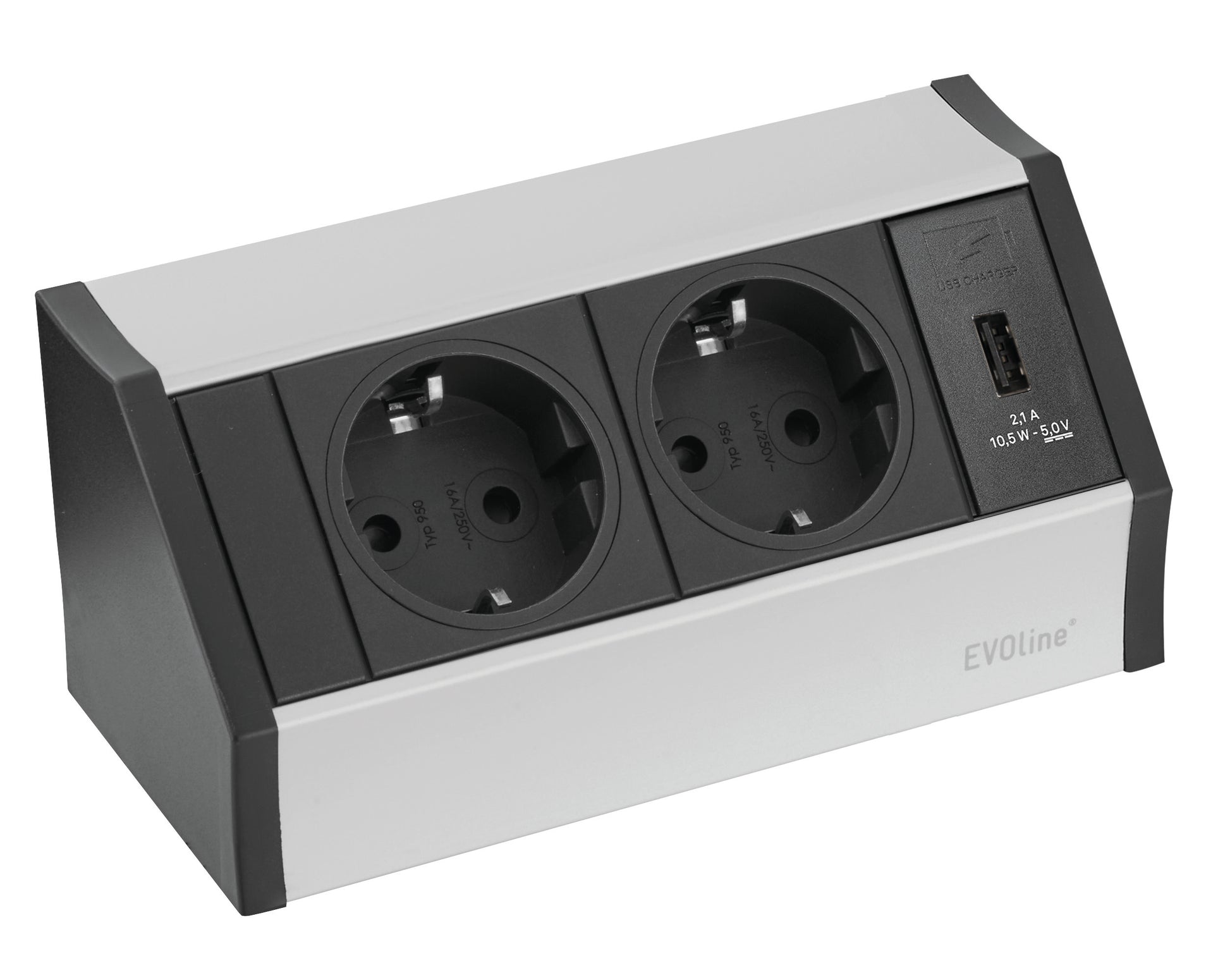 Der Novocal Smart Power Outlet Allrounder verfügt über zwei geerdete europäische Steckdosen, einen USB-Ladeanschluss und ein silber-schwarzes Design mit dem Schriftzug "EVOline" auf der rechten unteren Vorderseite. Inklusive H05-Kabel; 1 Stück pro Packung.