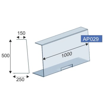 Skizze eines transparenten Novocal Kontaktschutz-Thekenaufstellers U-Form (6 mm Acryl, Durchreiche) mit den Abmessungen: 500 mm Höhe, 1000 mm Breite, 250 mm Bodentiefe, 150 mm Obertiefe. Der Code "AP029" erscheint oben rechts.