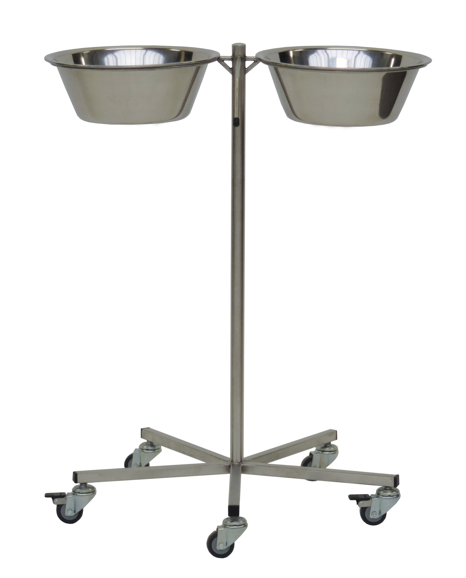 Der Novocal Schalenständer (700 x 600 x 800 mm) aus Edelstahl bietet zwei runde Schalen und steht auf einer stabilen Basis mit fünf Leichtlauflenkrollen - perfekt für Gastronomie und maximale Mobilität.