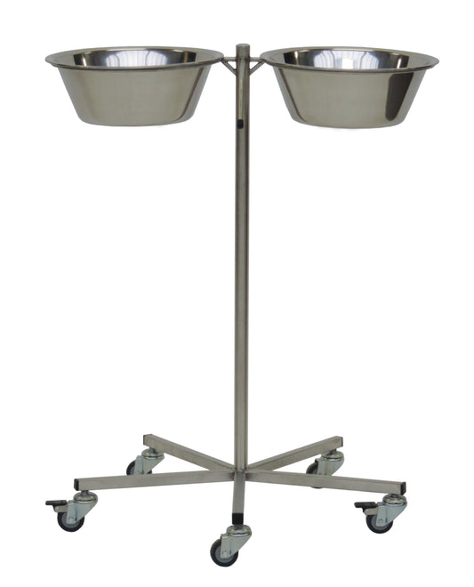 Der Novocal Schalenständer (700 x 600 x 800 mm) aus Edelstahl bietet zwei runde Schalen und steht auf einer stabilen Basis mit fünf Leichtlauflenkrollen - perfekt für Gastronomie und maximale Mobilität.