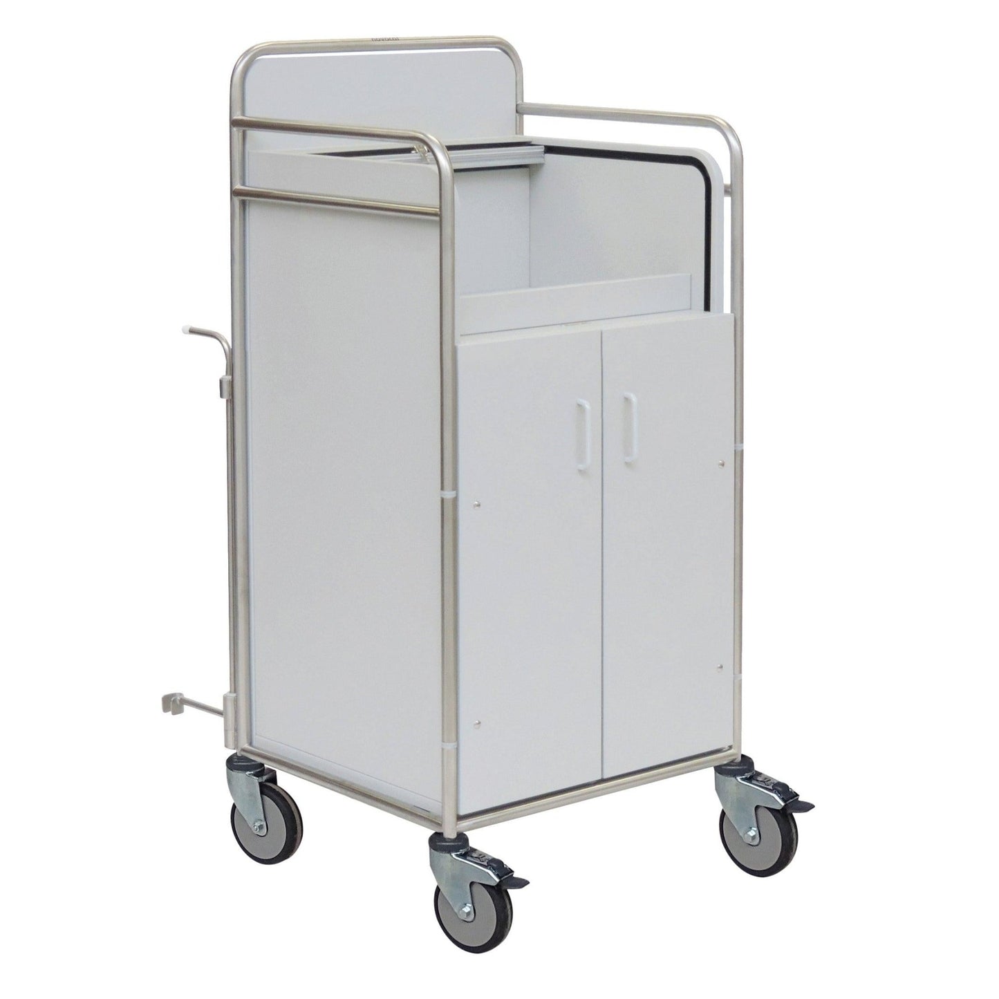 The Novocal station cart features a robust stainless steel frame with fully welded round tube connections, two cabinet doors, a flat top, and four swivel casters for easy mobility and storage in medical facilities.