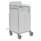 The Novocal station cart features a robust stainless steel frame with fully welded round tube connections, two cabinet doors, a flat top, and four swivel casters for easy mobility and storage in medical facilities.