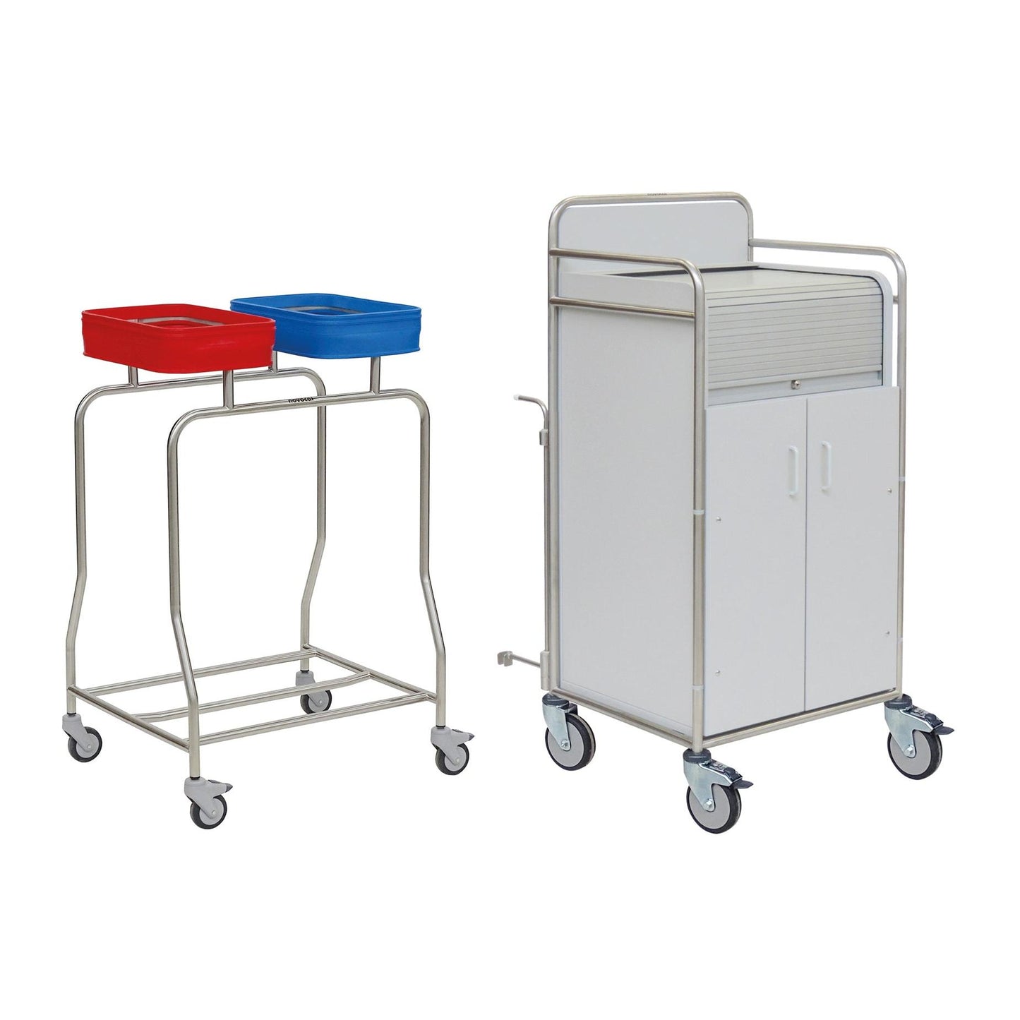 Two Novocal station trolleys: one with two color-coded containers (red/blue) on a fully welded stainless steel frame, and one as a white mobile cabinet with a roll-top compartment - ideal for hospitals. Brand: Novocal.