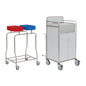 Two Novocal station trolleys: one with two color-coded containers (red/blue) on a fully welded stainless steel frame, and one as a white mobile cabinet with a roll-top compartment - ideal for hospitals. Brand: Novocal.