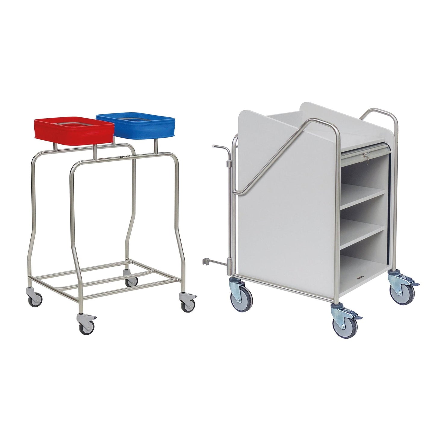 Pictured are two Novocal station carts: one with a stainless steel frame, two containers (red/blue); the other is a white cart with shelves and handles. Both feature swivel casters for mobility and fully welded round tube connections.
