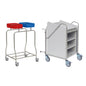 Pictured are two Novocal station carts: one with a stainless steel frame, two containers (red/blue); the other is a white cart with shelves and handles. Both feature swivel casters for mobility and fully welded round tube connections.