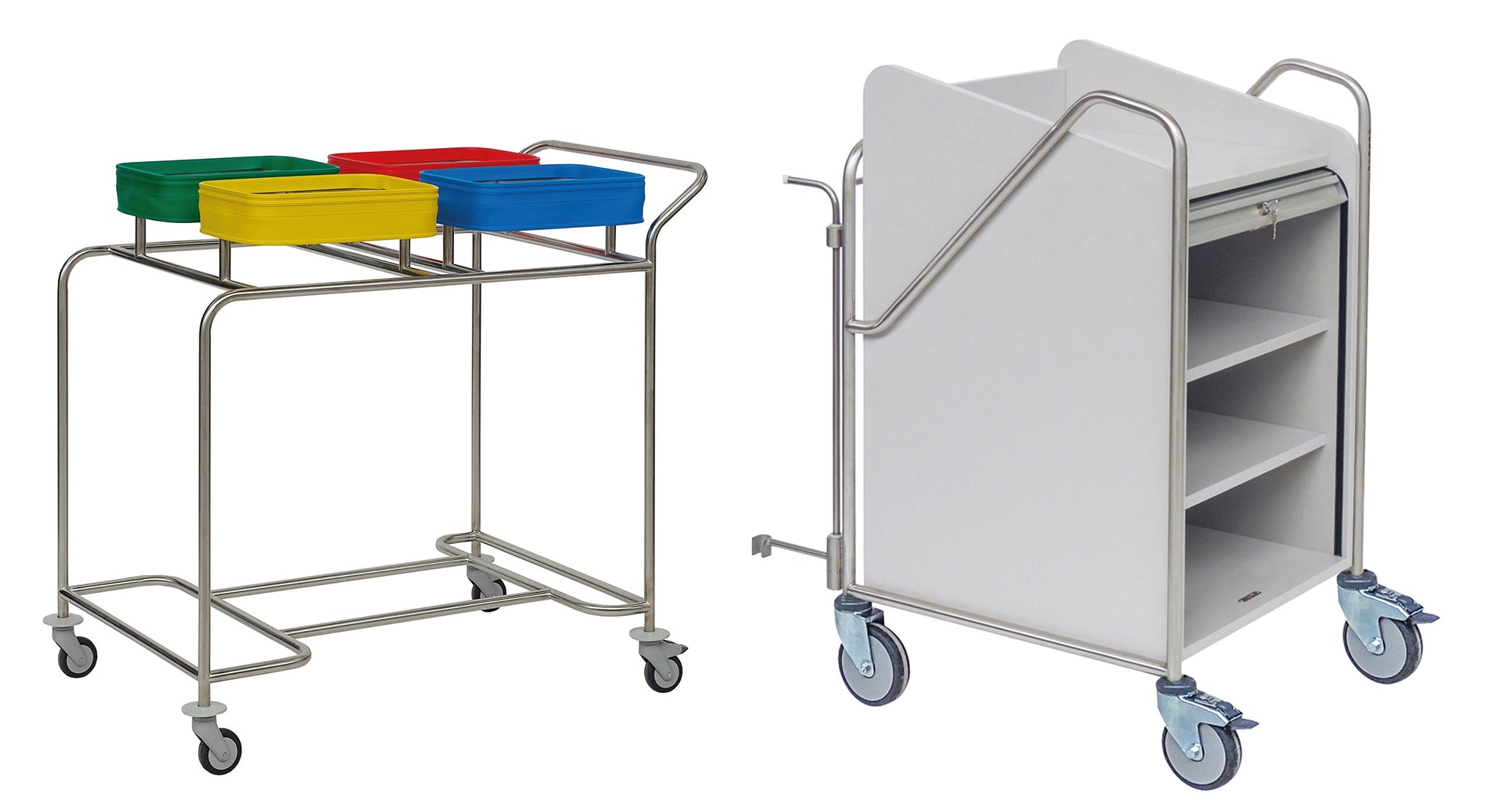 Novocal bietet zwei Stationswagen an: einen mit Edelstahlrahmen (rundum verschweißt) und 3 farbcodierten Behältern (gelb, grün, rot), und einen weißen Stationswagen für Krankenhäuser mit Einlegeböden und seitlichen Griffen. Beide haben Lenkrollen.