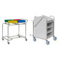 Pictured are two station trolleys: On the left is a Novocal station trolley with a stainless steel frame with three colored containers and wheels; on the right is a white, closed, robust Novocal station trolley with shelves and large wheels.