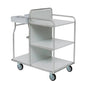 The Novocal station trolley has three shelves, four wheels, a handle, and a small side compartment at the top left. It is made of sturdy stainless steel with fully welded round tube connections and is depicted empty on a white background.
