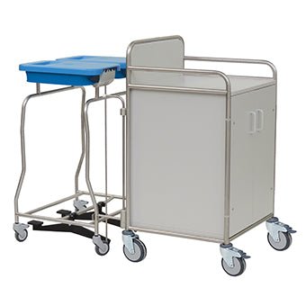 A Novocal station trolley made of stainless steel with all-around welded pipe connections, four castors, blue plastic container on a stand, double doors, and push handle - pictured against a white background.