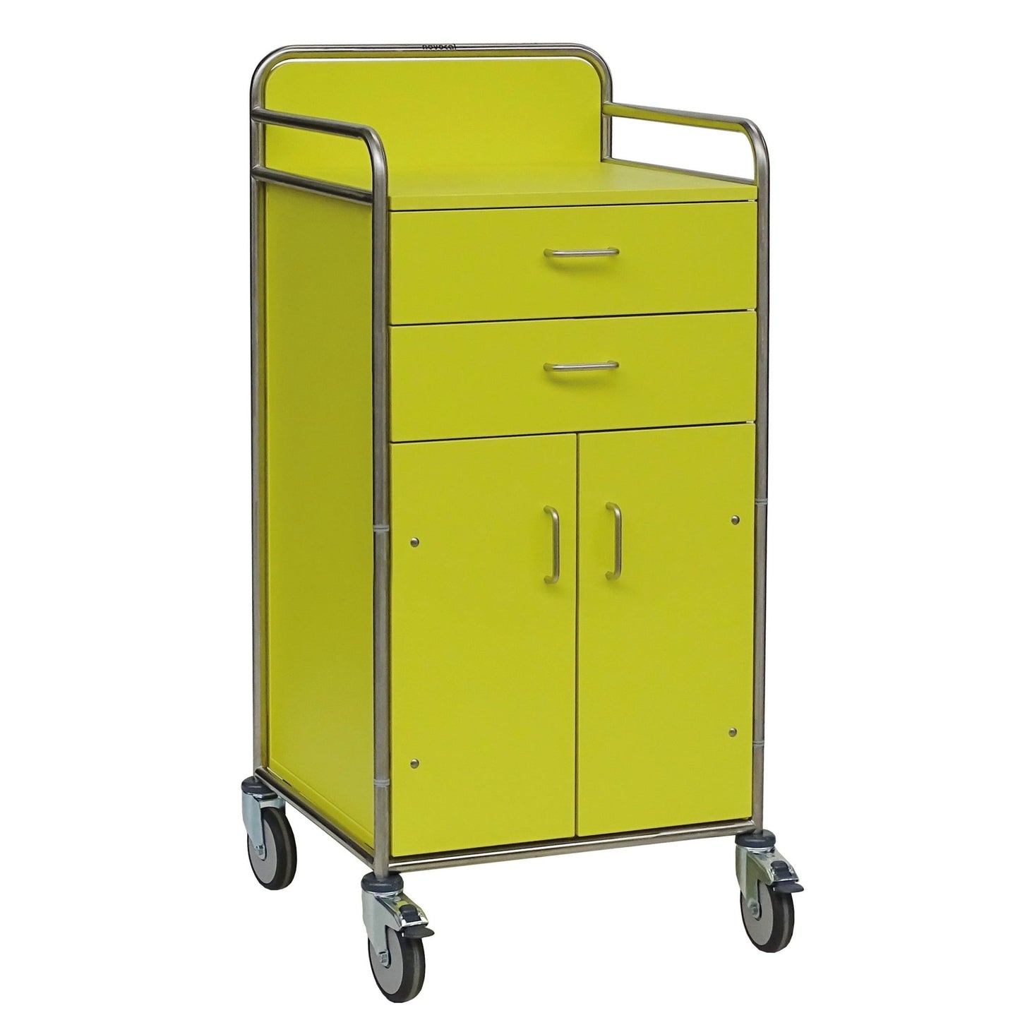 The Novocal station trolley features a yellow design with two drawers, a two-door cabinet, metal handles, and a fully welded stainless steel frame - ideal as a versatile medical trolley, delivered as one piece per package.