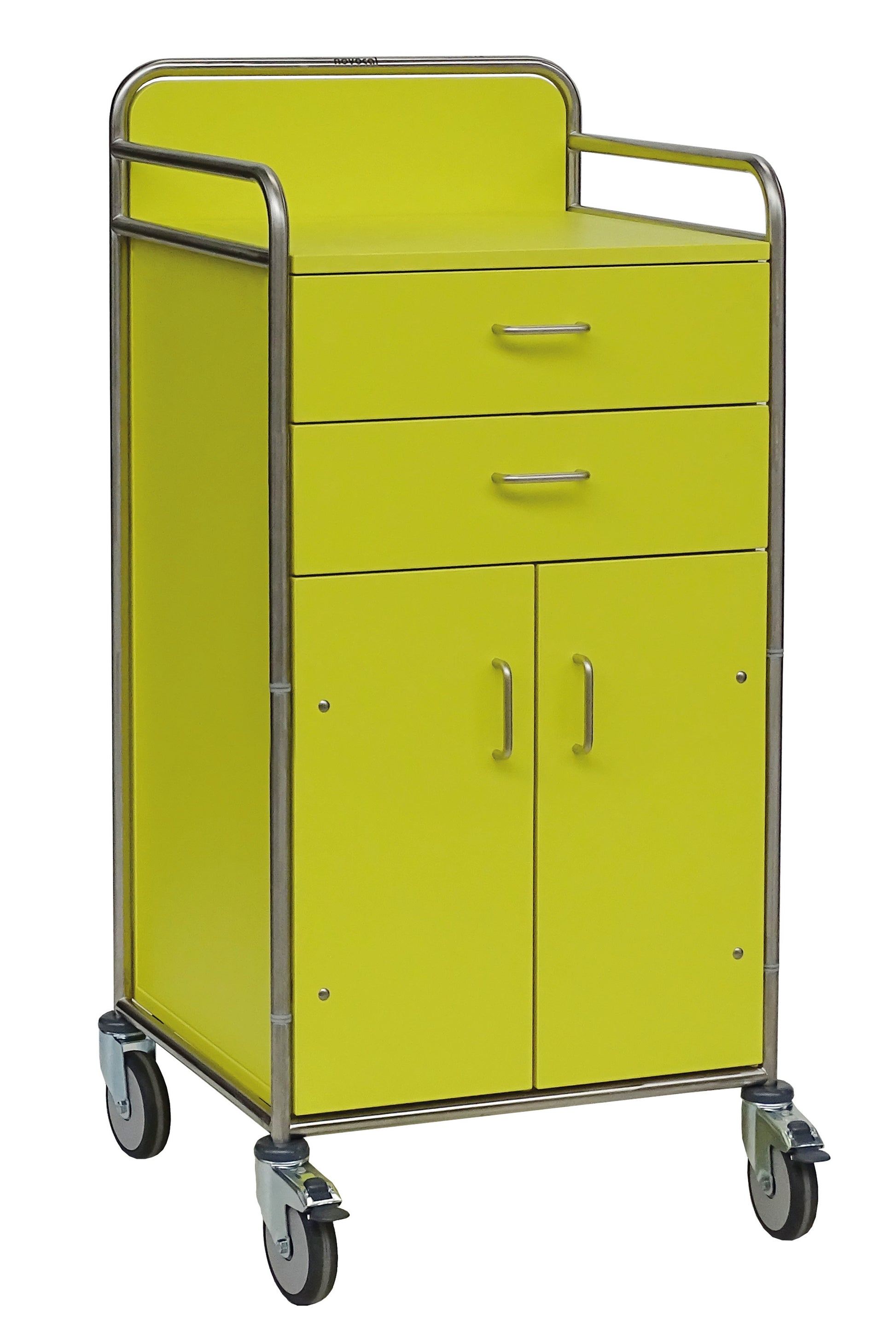 Der Novocal Stationswagen hat ein gelbes Design mit zwei Schubladen, einem zweitürigen Schrank, Metallgriffen und einem vollverschweißten Edelstahlrahmen - ideal als vielseitiger medizinischer Wagen, geliefert als ein Stück pro Packung.