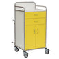 The Novocal station cart features a robust stainless steel frame with fully welded connections, yellow base cabinet doors and drawers, a white worktop, handles, four swivel casters, a push handle, and a side attachment - ideal for healthcare.