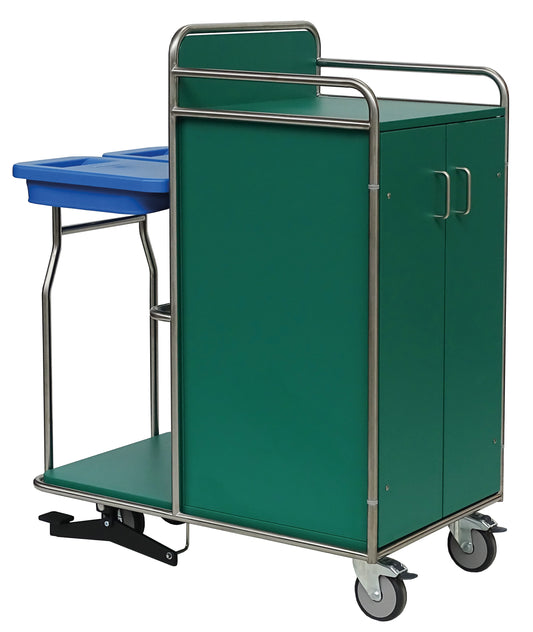 Ein Novocal Stationswagen Rahmen-Reinigungswagen aus rostfreiem Stahl, mit vollverschweißten Rohrverbindungen, zwei blauen Wannen, robusten Metallgriffen, doppeltürigem Schrank und vier Rädern (zwei davon mit Bremsen).