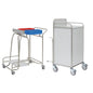 Pictured are two medical carts: a Novocal stainless steel station cart with fully welded pipe connections and two containers, as well as a white rolling cabinet with doors and a metal handle. Brand: Novocal.