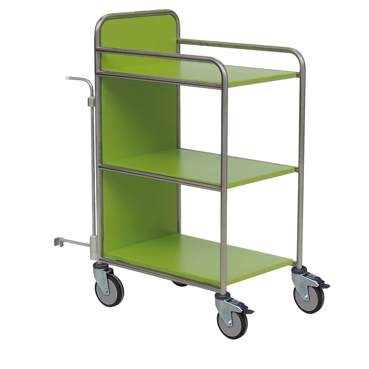 The Novocal station cart features a sturdy stainless steel frame with seamlessly welded round tube connections, three shelves, four wheels, side handles, and an upright back wall - ideal for transporting items in clinics or hospitals.