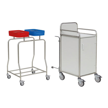 Two medical carts: a white transport cart with a handle and the Novocal station cart with a welded stainless steel frame. Both are ideal for use in medical facilities such as hospitals or clinics.