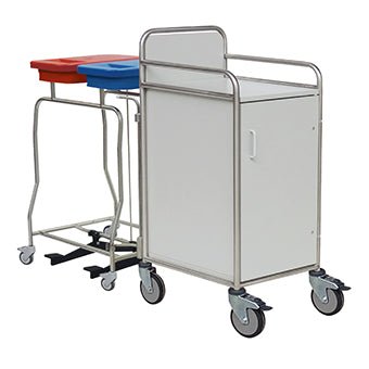 The Novocal stainless steel cart features all-around welded tube joints, a white cabinet, four swivel casters, and two side containers with red and blue lids. Ideal for medical facilities.