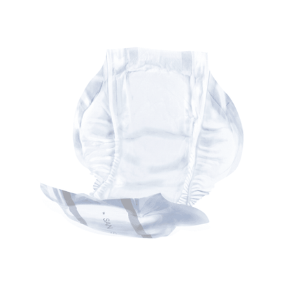 Fecal incontinence: A disposable baby diaper for fecal incontinence, frontally and partially unfolded, with visible absorbent strip and leg cuffs, against a white background. Product name: San Seni Alvi chair pad | Package (30 pieces) by brand name: TZMO Deutschland GmbH