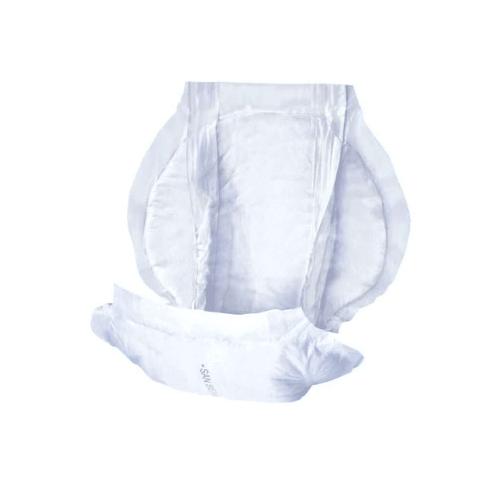 Against a white background, the San Seni Classic Prima incontinence pad by TZMO Deutschland GmbH is depicted. The diaper with elastic sides for bladder weakness is folded and has leakage protection barriers for additional protection. The package contains 30 pieces.