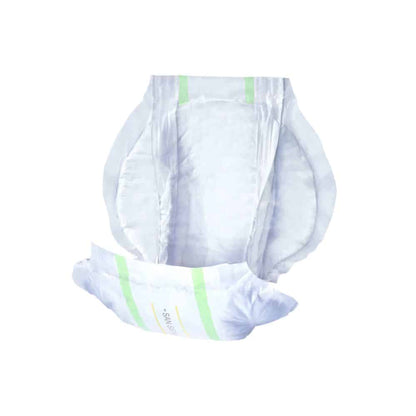 A disposable adult diaper with elastic waistbands and leg openings, featuring green accent stripes. It is designed as the Seni San Plus incontinence pad by TZMO Deutschland GmbH and is partially unfolded, isolated on a white background.