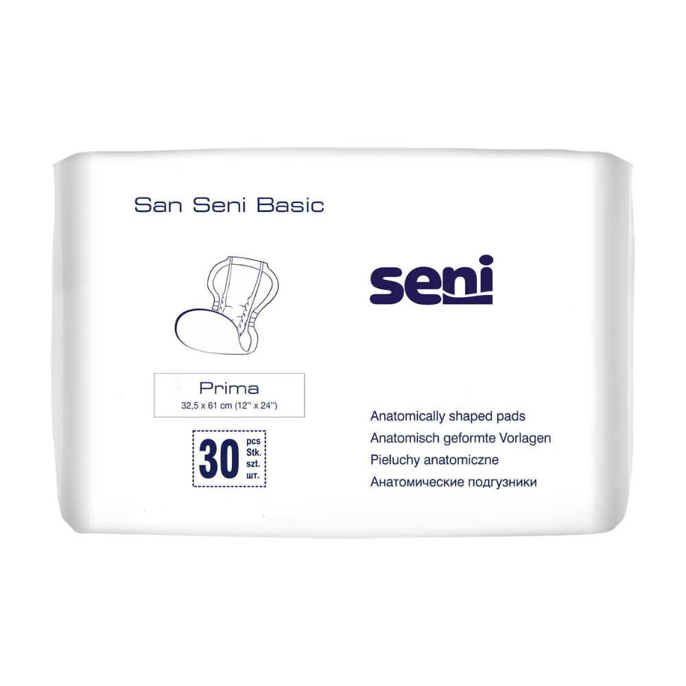 The packaging of the San Seni Classic Prima incontinence pad by TZMO Deutschland GmbH shows the brand logo and the product name. It features anatomically shaped pads for bladder weakness, measures 32.5 x 61 cm, offers reliable leakage protection, and contains 30 pieces.