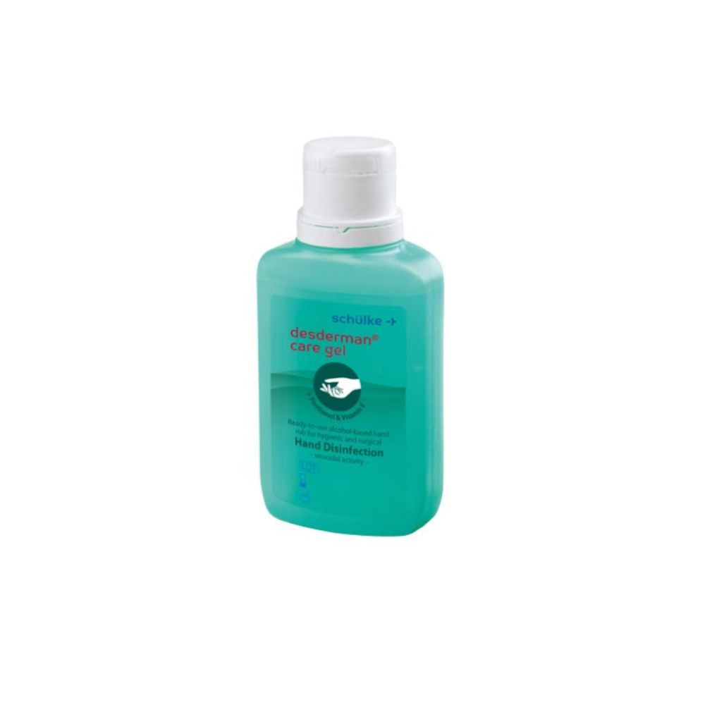 Die kleine transparente Flasche Schülke desderman® Pflegegel der Schülke & Mayr GmbH enthält grünes, VAH-zertifiziertes Desinfektionsgel. Der weiße Klappverschluss ermöglicht eine einfache Anwendung bei der hygienischen und chirurgischen Händedesinfektion.
